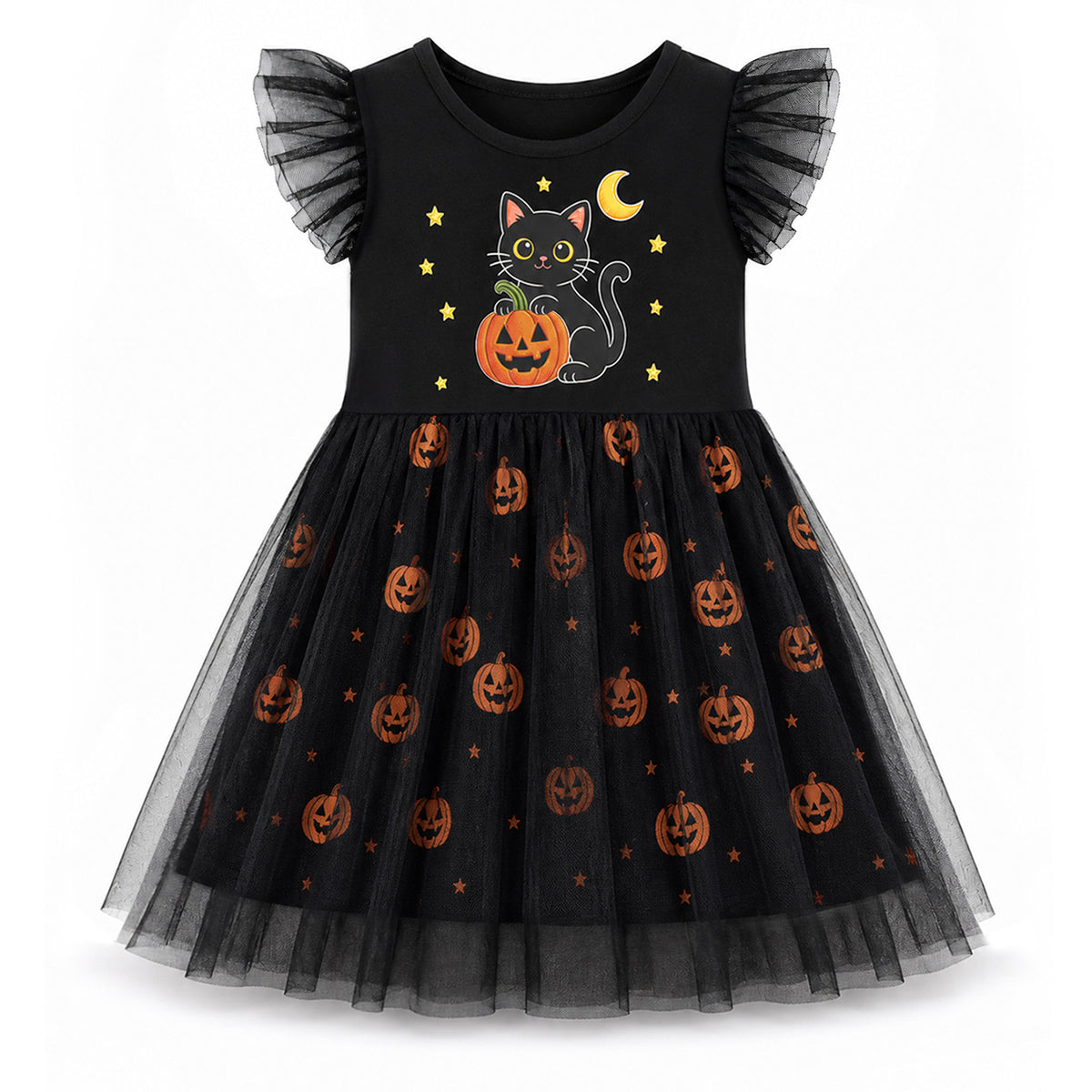 HILEELANG Girls Cotton Halloween Dress Black Cat Pumpkin Tulle Flutter Sleeve