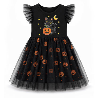 HILEELANG Girls Cotton Halloween Dress Black Cat Pumpkin Tulle Flutter Sleeve