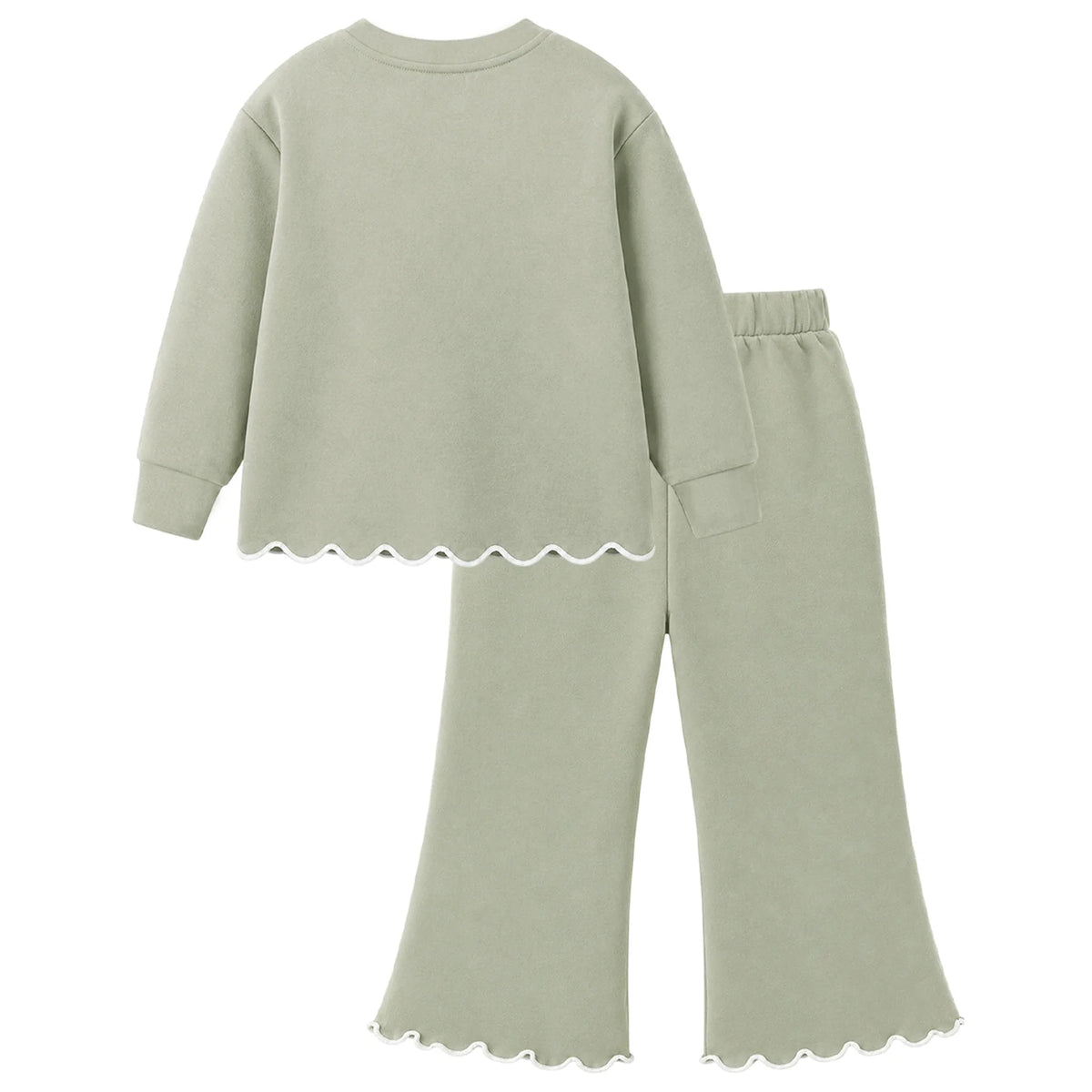 HILEELANG Girls 2 Piece Outfit Set, Bow Detail Long Sleeve Top & Flare Pants, Scallop Trim, Sage Green