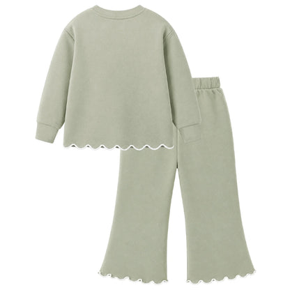 HILEELANG Girls 2 Piece Outfit Set, Bow Detail Long Sleeve Top & Flare Pants, Scallop Trim, Sage Green