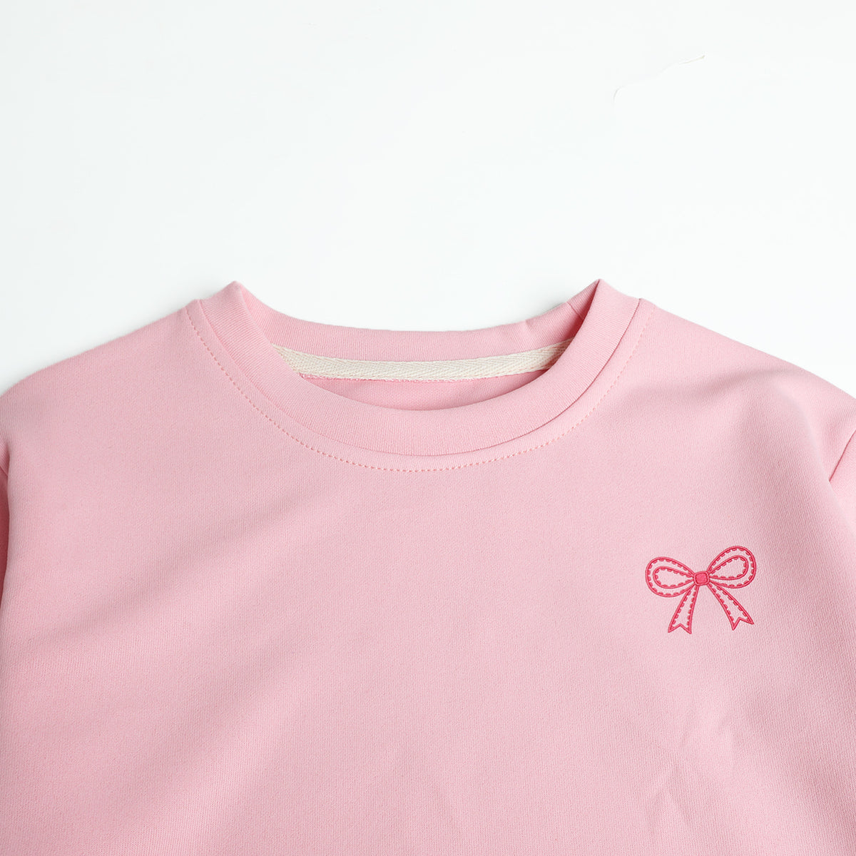 HILEELANG Girls 2-Piece Outfit Set, Bow Embroidered Sweatshirt and Flare Pants with Scalloped Trim, Pink, Ages 3Y