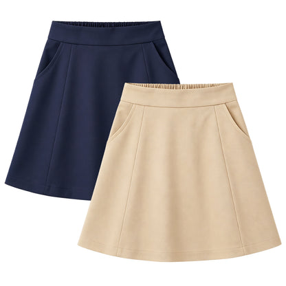 HILEELANG 4-13 Little Big Girls 2 Pack Skorts Navy and Khaki with Built-in Shorts School Uniform Skirt Set Kids Elastic Waist with Pockets Scooter