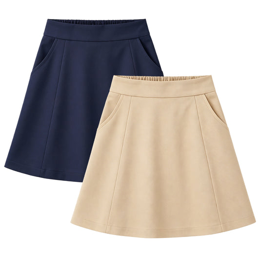 HILEELANG 4-13 Little Big Girls 2 Pack Skorts Navy and Khaki with Built-in Shorts School Uniform Skirt Set Kids Elastic Waist with Pockets Scooter