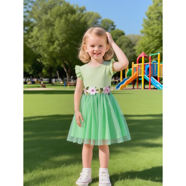 HILEELANG Toddler Little Girls Mint Green Tulle Dress, Floral Embroidered Flutter Sleeve Summer Party Dress
