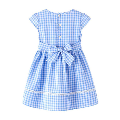HILEELANG 3-13T Little/Big Girls Light Blue Gingham 100% Cotton Dress