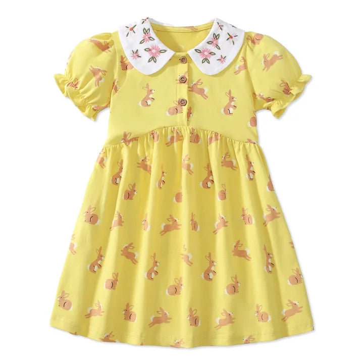 HILEELANG Toddler Little Girls 2 Pack Short Sleeve Dresses, Soft Cotton Summer Play Dress Set for Vacation Birthday Everyday Wear