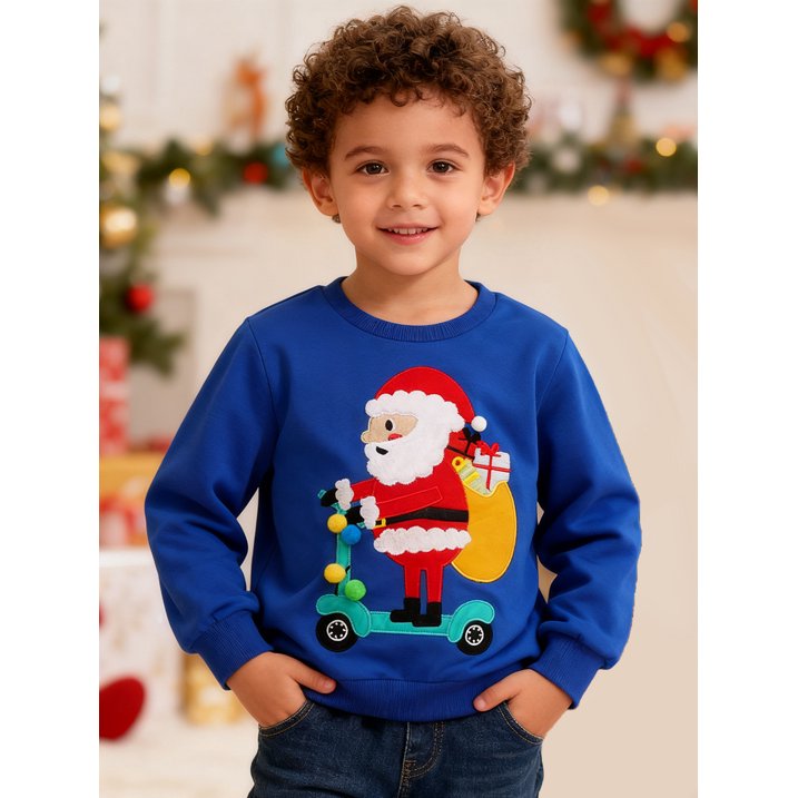 HILEELANG Toddler Boy(2-7Y) Sweatshirts Christmas Royal Blue Santa Claus Applique Pullover Cotton Long Sleeve Top Clothing