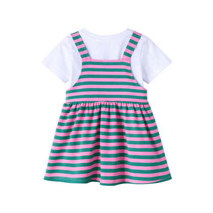 HILEELANG 2-8T Toddler/Little Girls Green Pink Stripe 100% Cotton Dress