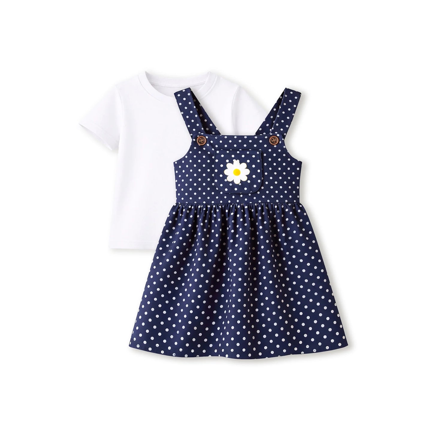 HILEELANG 2-8T Toddler/Little Girls Navy White Polka Dot Daisy 100% Cotton Dress