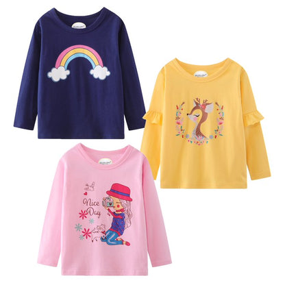 Toddler Girl Long Sleeve Shirts Ruffle Blue Rainbow Cotton Casual Crewneck Jersey Tunic T-Shirts 3 Packs