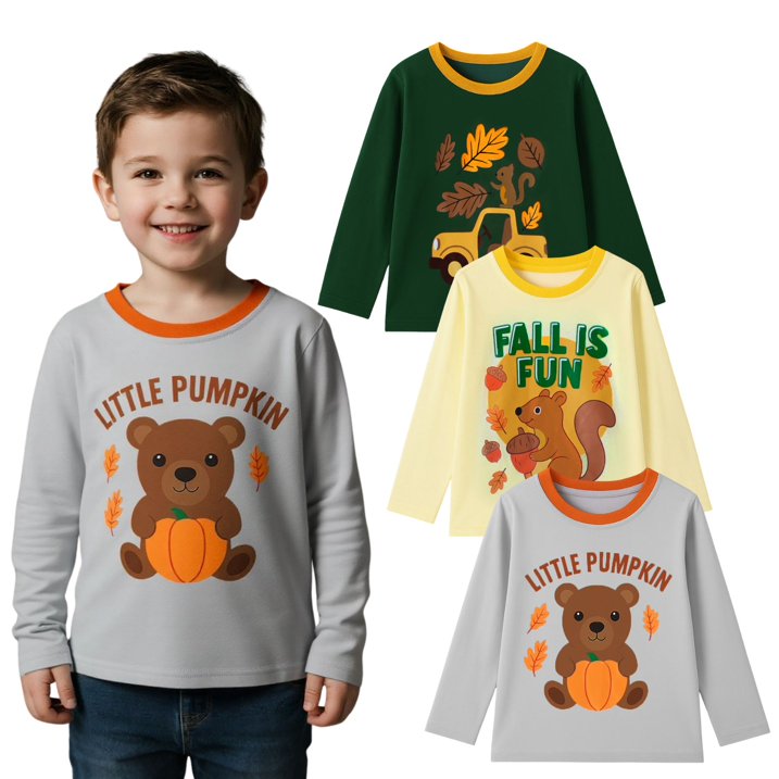 HILEELANG Toddler Boys（2Y-7Y) Shirt Halloween 3-Pack Squirrel Pumpkin Graphic Long-Sleeve Tees Winter Cotton Casual Crewneck T-Shirts