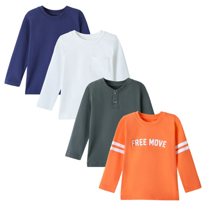 HILEELANG Toddler Boys Long Sleeve T-Shirts (18M–7Y) 4-Pack-Grey/Blue/Yellow/White, Cotton Top Tees