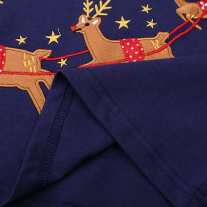 HILEELANG Toddler Girl Christmas Dress Navy Blue Deer Elk Santa Applique Long Sleeve Cotton Casual Dresses