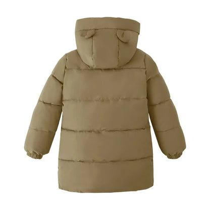 HILEELANG Kids Olive Khaki Green Mid-Length Puffer Coat – Warm Quilted Winter Jacket with Bear Ear Hood for Boys & Girls