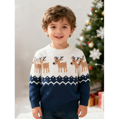 HILEELANG Toddler Boy Girl Sweater Christmas Knit Pullover Crewneck Offer White Blue Christmas Elk Deer Sweatshirts Holiday Sweater