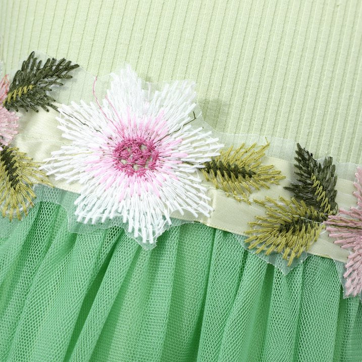 HILEELANG Toddler Little Girls Mint Green Tulle Dress, Floral Embroidered Flutter Sleeve Summer Party Dress