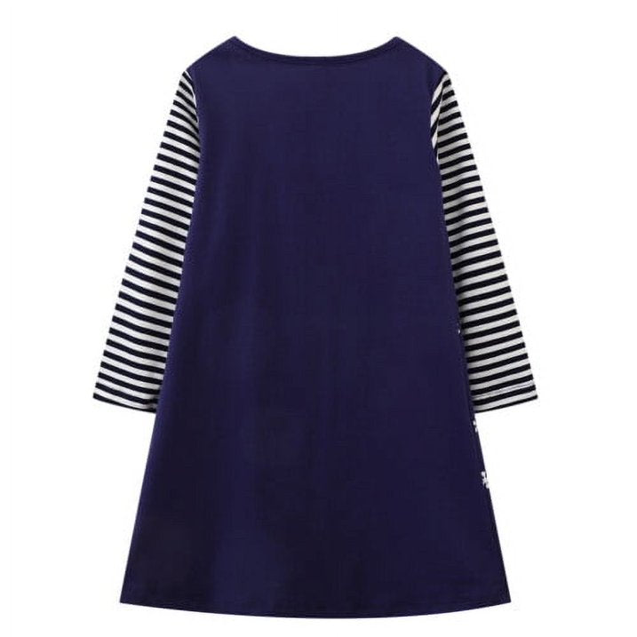 HILEELANG Toddler Girl Christmas Dress Navy Blue Santa Claus Christmas Elk Sleigh Snowflakes Cotton Casual Long Sleeve Dresses
