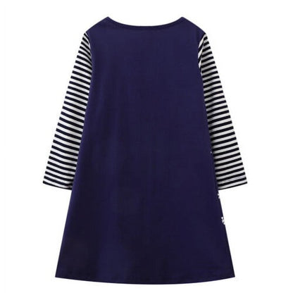 HILEELANG Toddler Girl Christmas Dress Navy Blue Santa Claus Christmas Elk Sleigh Snowflakes Cotton Casual Long Sleeve Dresses