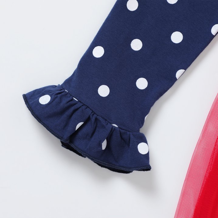 HILEELANG Toddler Girls Long Puff Sleeve Navy Dot Christmas Tulle Dress Cotton Casual Red Xms Man Applique Jersey Shirt Playwear Dresses