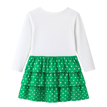 HILEELANG Girls Christmas Dress White Long Sleeve, Toddler and Little Kids Holiday Outfit with and Christmas Tree Print, Festive Cotton Dress