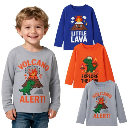 HILEELANG Toddler Boys（2Y-7Y) Shirt 3-Pack Dinosaurs Volcano Graphic Long-Sleeve Tees Winter Cotton Casual Crewneck T-Shirts