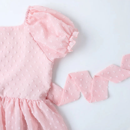 HILEELANG Girls Pink Swiss Dot Puff Sleeve Polyester Dress 4-5Y Little Girls