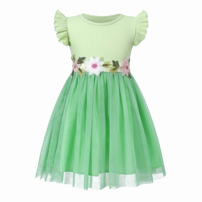 HILEELANG Toddler Little Girls Mint Green Tulle Dress, Floral Embroidered Flutter Sleeve Summer Party Dress