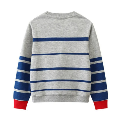 HILEELANG Toddler Boy Sweatshirts Grey Blue Stripe Dinosaur Crewneck Pullover Cotton Autumn Top Clothes