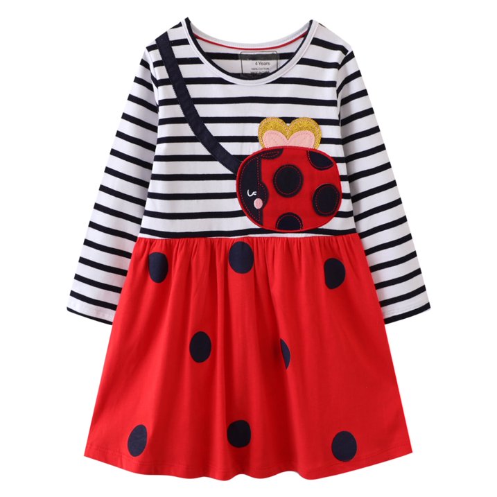 HILEELANG todddle Girls Long sleeved Dresses Christmas Casual Winter Cotton Casual Cute Party Cartoon Animal Ladybug Pattern Dress