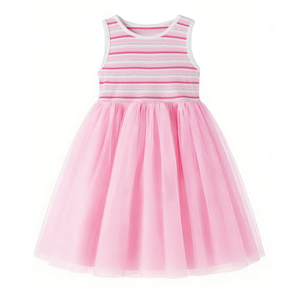 HILEELANG 2-7T Toddler Little Girls Sleeveless Striped Ribbed Tulle Dress, Soft Pink Summer Sundress