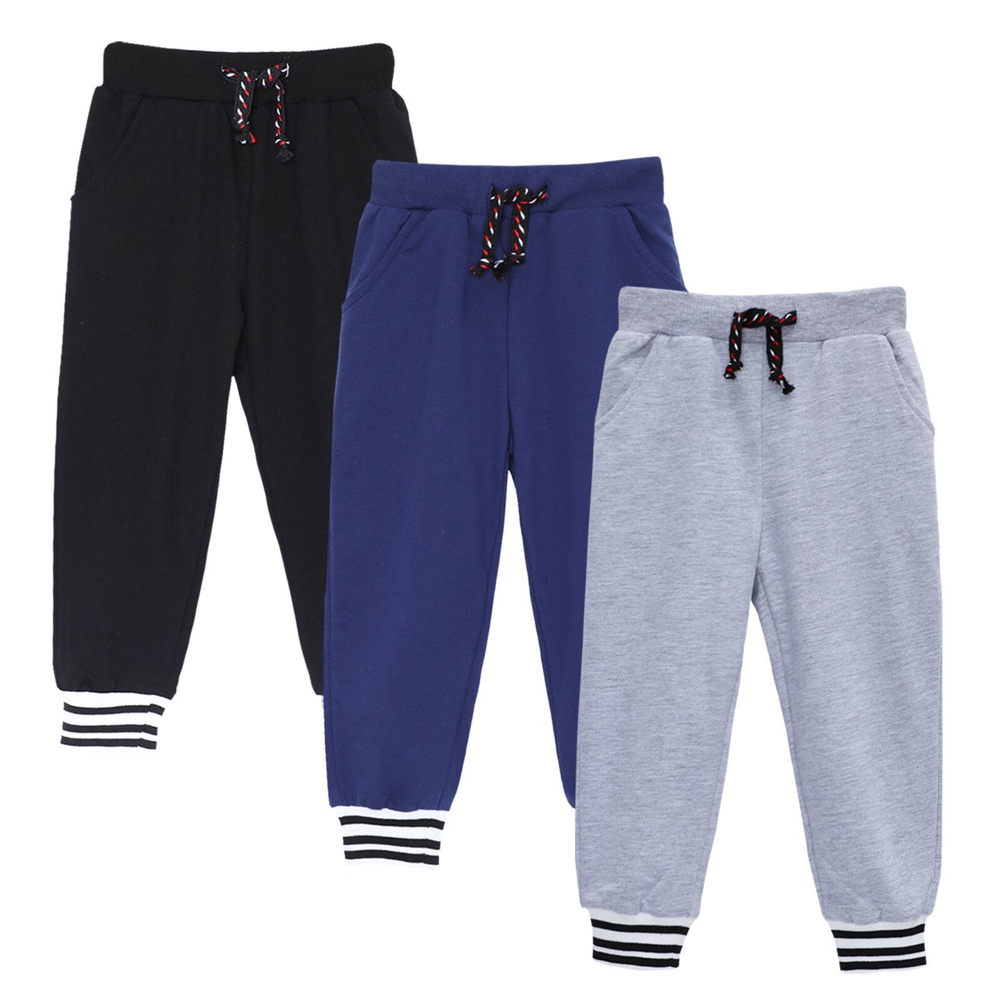 HILEELANG Toddler Boys Jogger Sweatpants 3-Pack, 100% Cotton French Terry Pants with Drawstring and Pockets,colors—black, gray, and navy