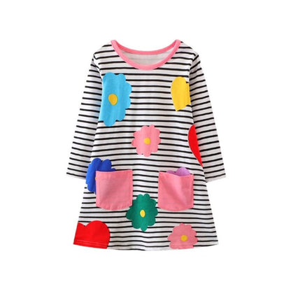 HILEELANG Toddler Girls Long Sleeved Dresses Christmas Winter Cotton Casual Cute Party Stripe Flowers Pattern Dress
