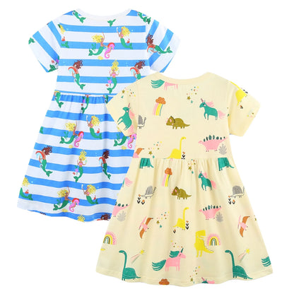 HILEELANG Toddler Little Girls 2 Pack Short Sleeve Dresses, Soft Cotton Summer Play Dress Set for Vacation Birthday Everyday Wear