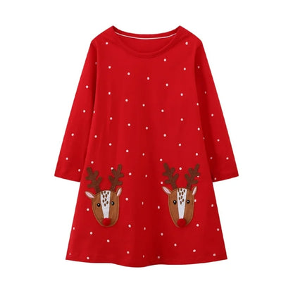 HILEELANG Toddler Girl Christmas Dress Red Dot Deer Elk Santa Applique Long Sleeve Cotton Casual Tunic Shirt Outfits Dresses