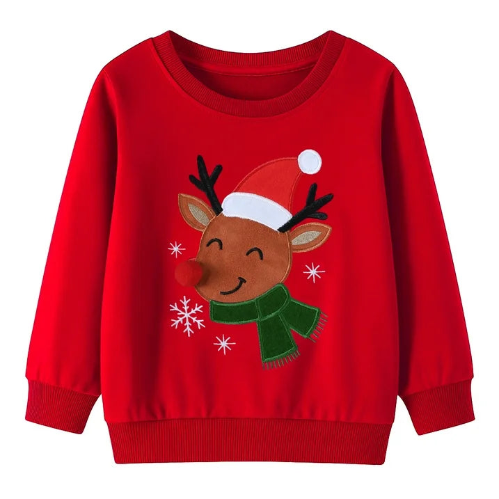 HILEELANG Kids Christmas Sweatshirt, Cotton Pullover Top with Reindeer Appliqué, Unisex Holiday Long Sleeve Shirt for Toddler Boys Girls