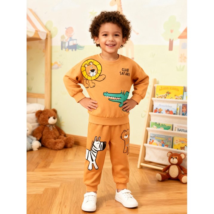 HILEELANG Toddler Boys （2-7Y) 2-Piece Outfit Set, Cartoon Safari Animal Print Sweatshirt and Pants, Soft Fall Spring Clothing