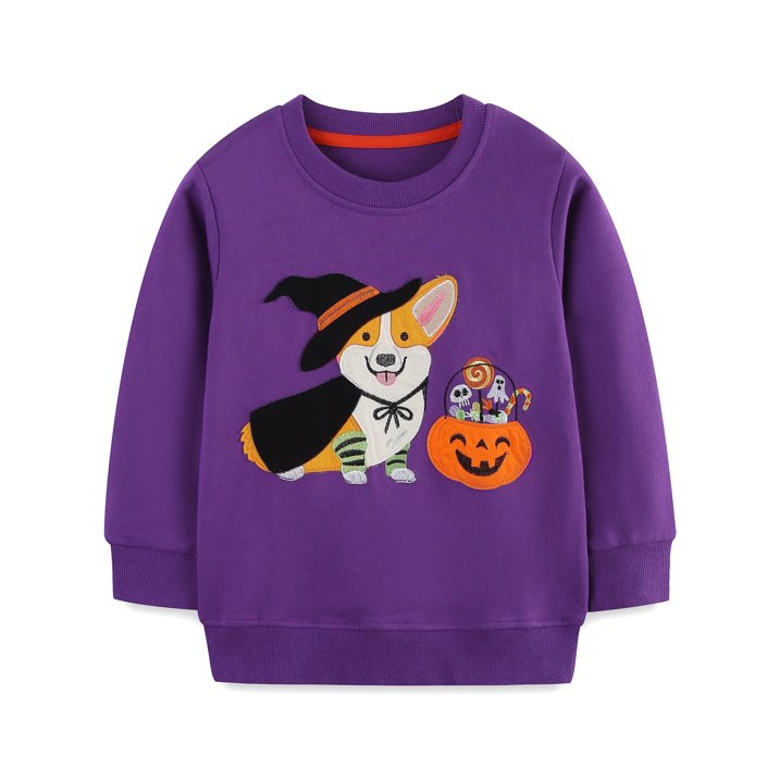 HILEELANG Toddler(18M-7T) Halloween Sweatshirt – 100% Cotton Pullover with Little dog witch and pumpkin embroidery pattern, Purple Fall Crewneck for Boys Girls