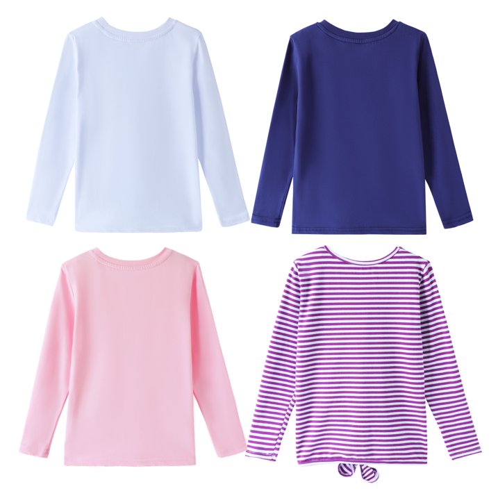 HILEELANG Girls 100% Cotton Long Sleeve T-Shirt 4-Pack, Purple Stripe Navy Pink White, Casual Everyday Tops
