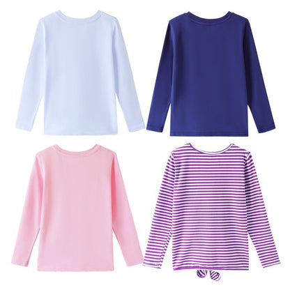 HILEELANG Girls 100% Cotton Long Sleeve T-Shirt 4-Pack, Purple Stripe Navy Pink White, Casual Everyday Tops