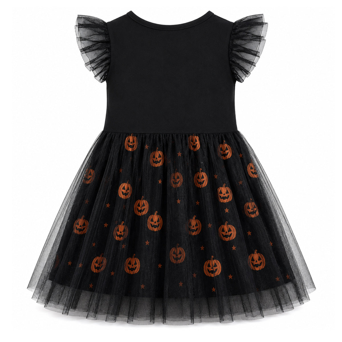 HILEELANG Girls Cotton Halloween Dress Black Cat Pumpkin Tulle Flutter Sleeve