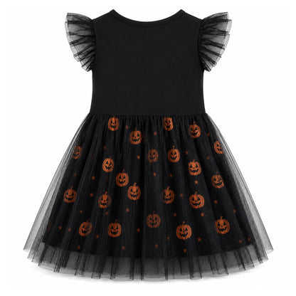 HILEELANG Girls Cotton Halloween Dress Black Cat Pumpkin Tulle Flutter Sleeve