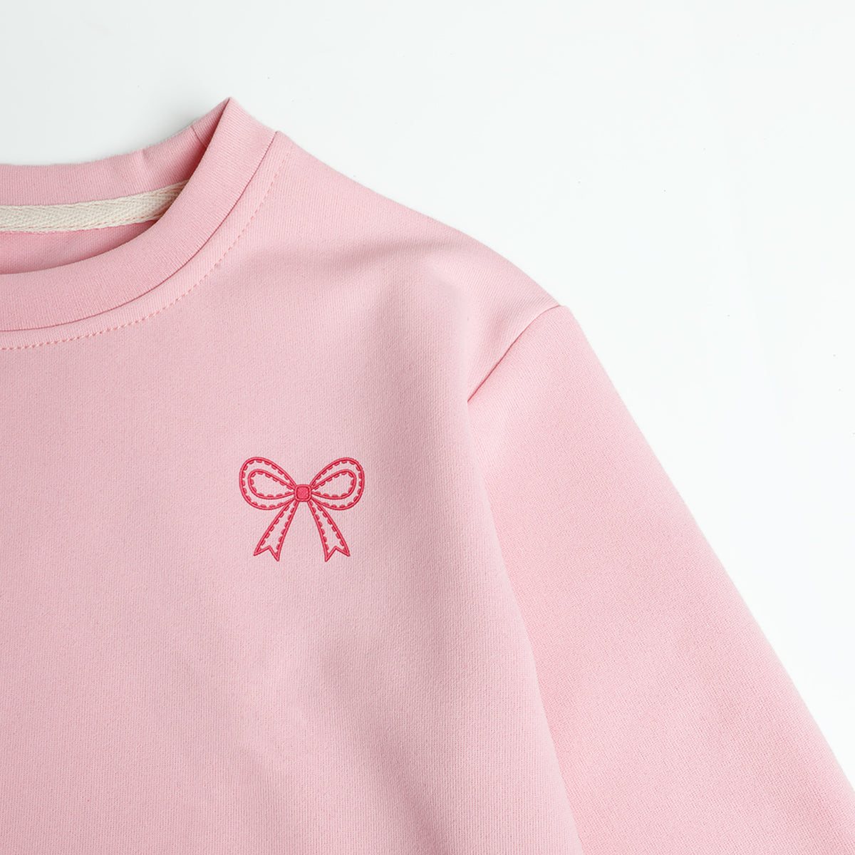 HILEELANG Girls 2-Piece Outfit Set, Bow Embroidered Sweatshirt and Flare Pants with Scalloped Trim, Pink, Ages 3Y