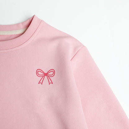 HILEELANG Girls 2-Piece Outfit Set, Bow Embroidered Sweatshirt and Flare Pants with Scalloped Trim, Pink, Ages 3Y