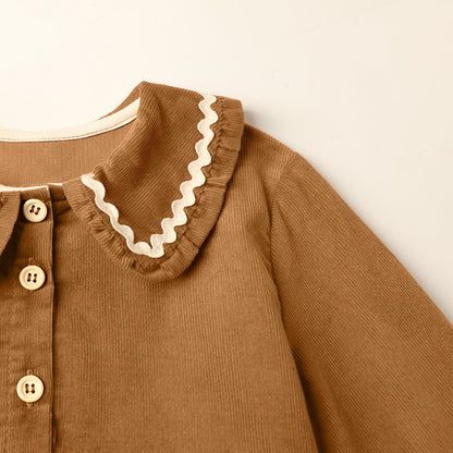 HILEELANG Toddler Girls 100% Cotton Long Sleeve Dress, Ruffle Peter Pan Collar Button Front Gathered Casual Dress, Brown