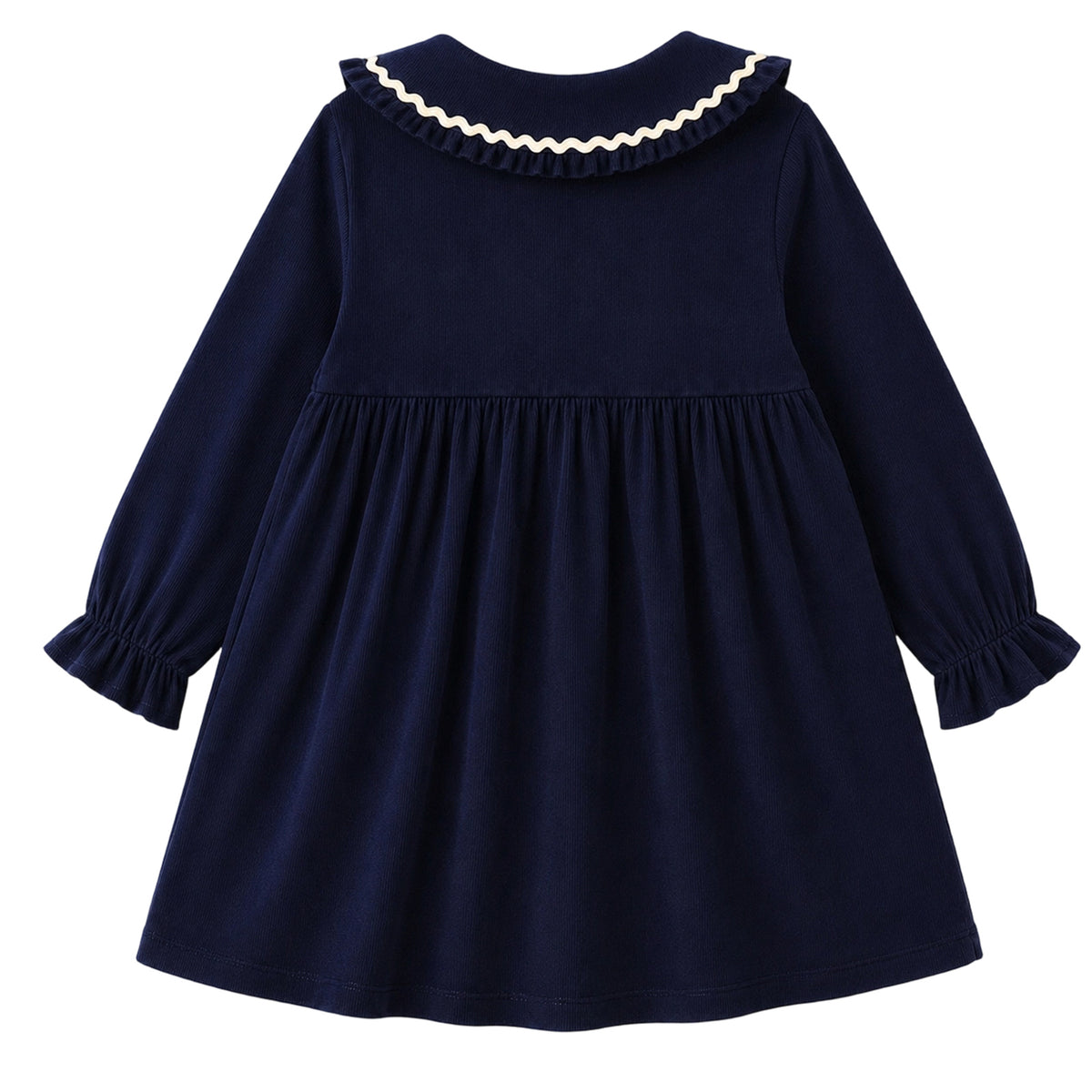 HILEELANG Toddler Girls 100% Cotton Long Sleeve Dress, Peter Pan Collar Contrast Trim Button Front Dress, Navy Blue, 4Y