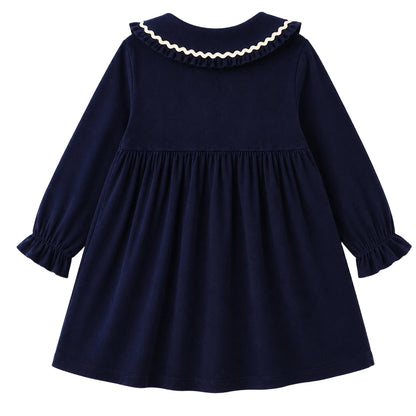 HILEELANG Toddler Girls 100% Cotton Long Sleeve Dress, Peter Pan Collar Contrast Trim Button Front Dress, Navy Blue, 4Y