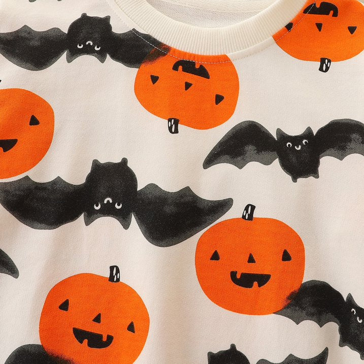 HILEELANG Toddler Boy Sweatshirts Halloween Pumpkin Bat Crewneck Pullover Cotton Autumn Top Shirts