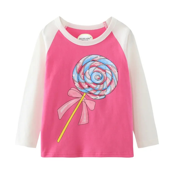 Toddler Girl Long Sleeve Shirts Cotton Casual Crewneck Graphic White Blue Pink Tunic T-Shirts 3 Packs