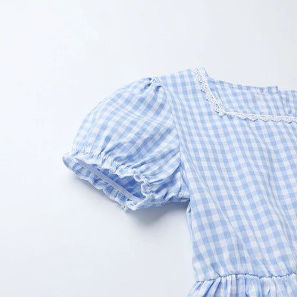 HILEELANG 3-13T Little/Big Girls Blue Gingham Square Neck 100% Cotton Dress