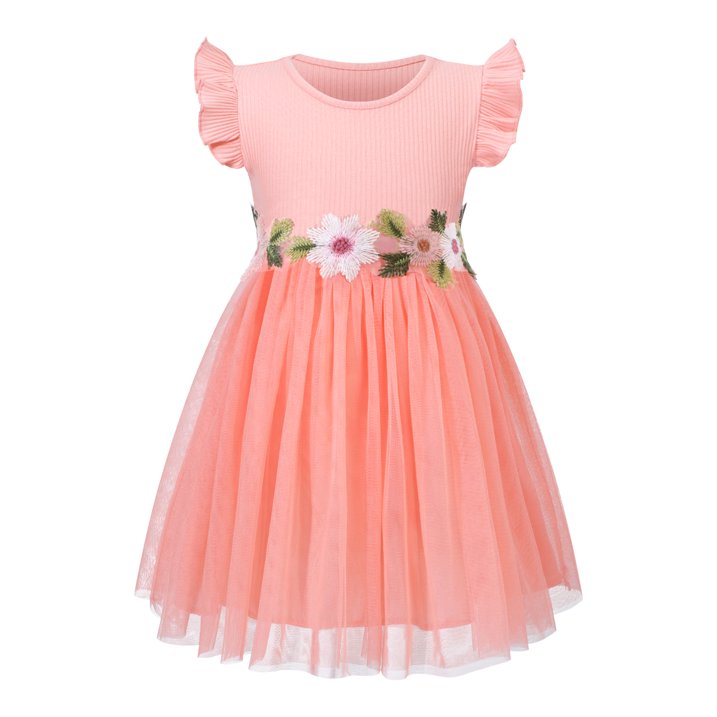 HILEELANG Toddler Little Girls Pink Tulle Dress, Floral Embroidered Flutter Sleeve Summer Birthday Party Dress